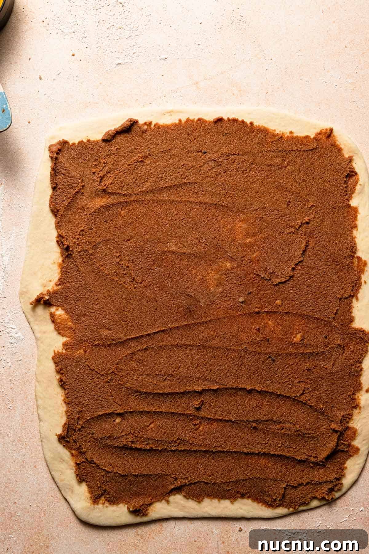 A rectangle dough topped with cinnamon filling.