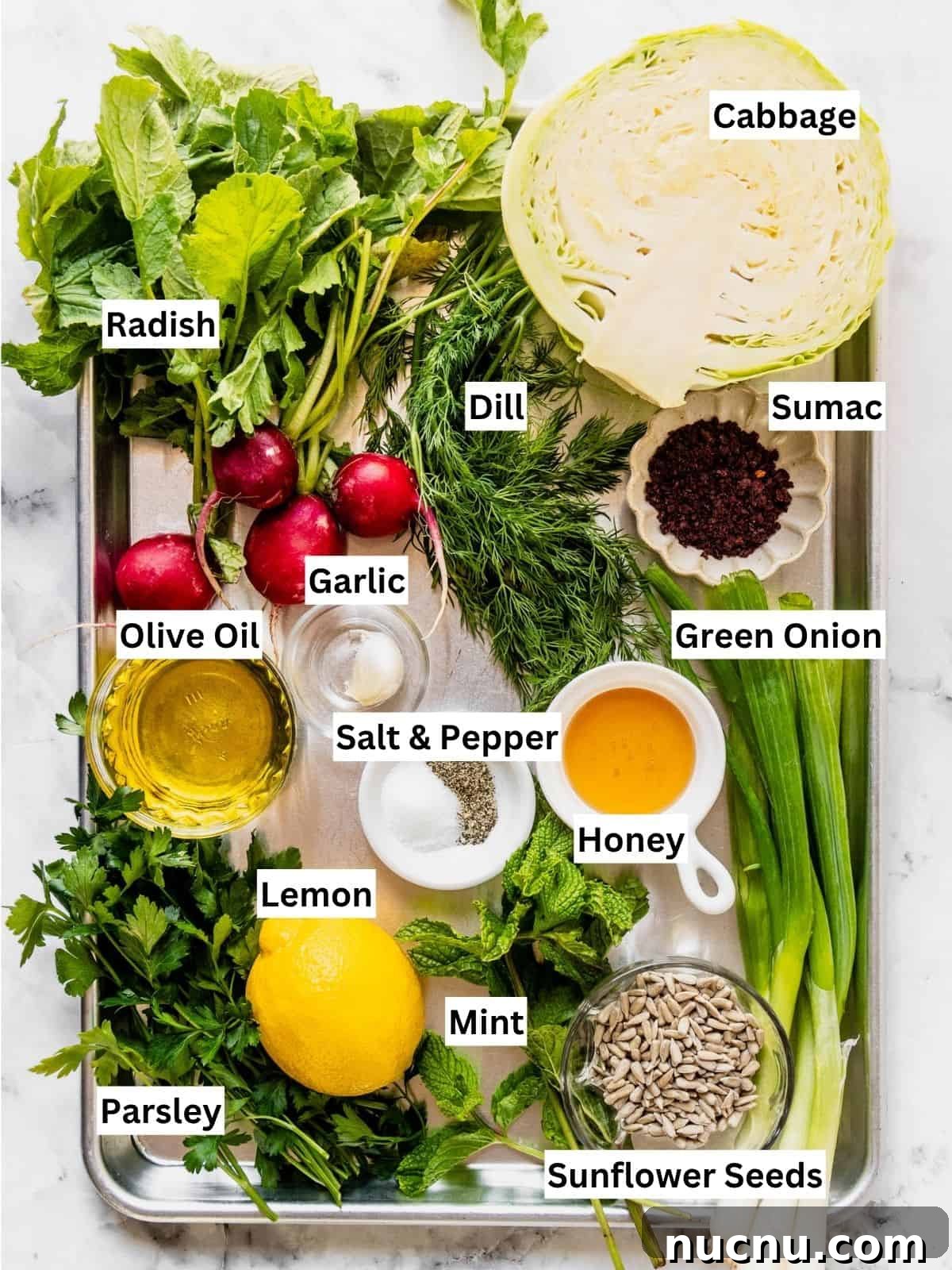 Lemon Sumac Coleslaw (No Mayo) — Tangy, Fresh Side Dish 4 No mayo coleslaw with lemon sumac dressing recipe ingredients with individual labels on a metal tray.