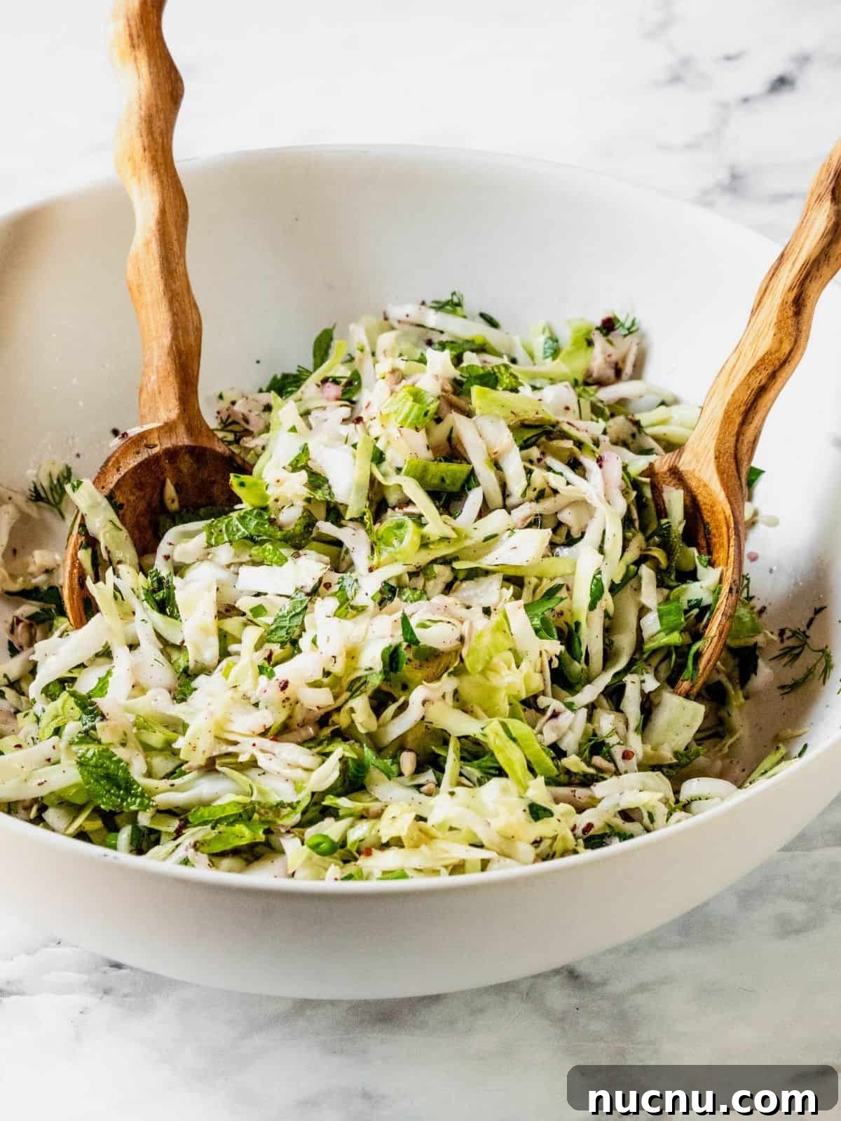 Lemon Sumac Coleslaw (No Mayo) — Tangy, Fresh Side Dish 8 No mayo coleslaw with radish, fresh herbs in a lemon sumac dressing in a bowl.