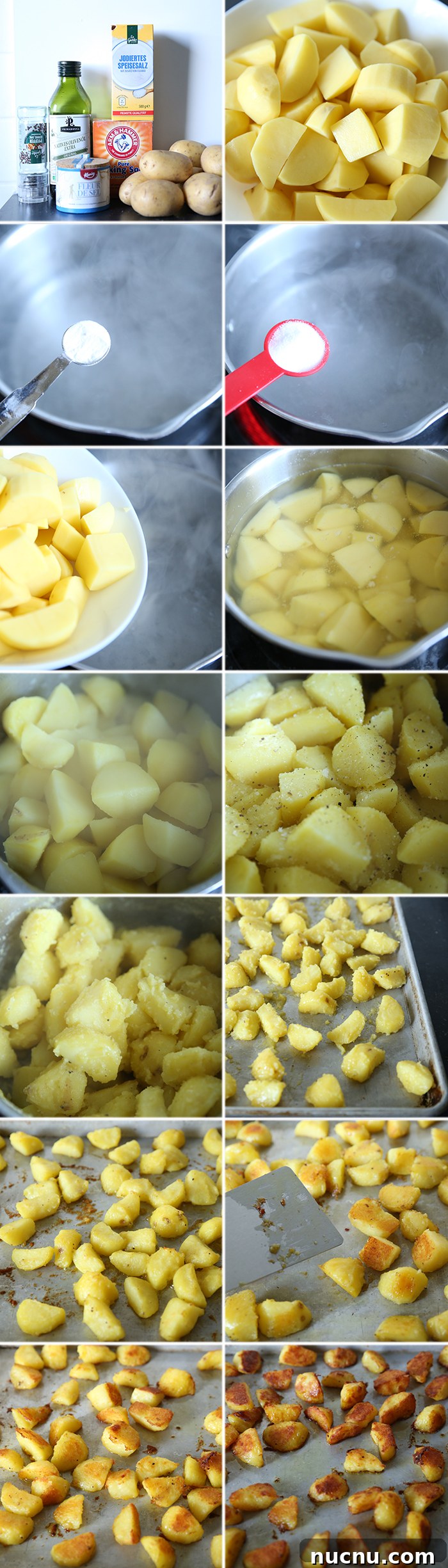 How to Make Extra-Crispy Roasted Potatoes 5 14-photo picture collage of step-by-step photos for how to make extra crispy roasted potatoes.