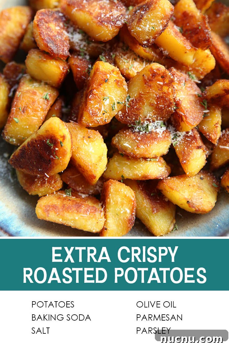 How to Make Extra-Crispy Roasted Potatoes 8 Pinterest picture of Extra Crispy Roasted Potatoes with the text of the title under the photo, and the text of the ingredients below the title.