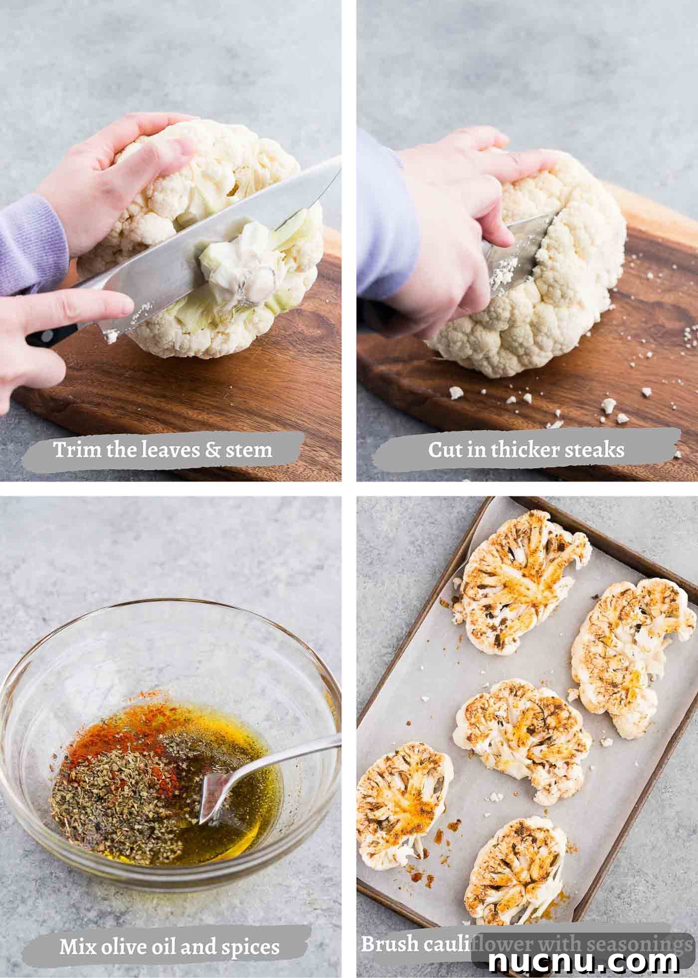 Roasted Cauliflower Steaks with Garlic and Herb Butter 5 process images of making cauliflower steaks