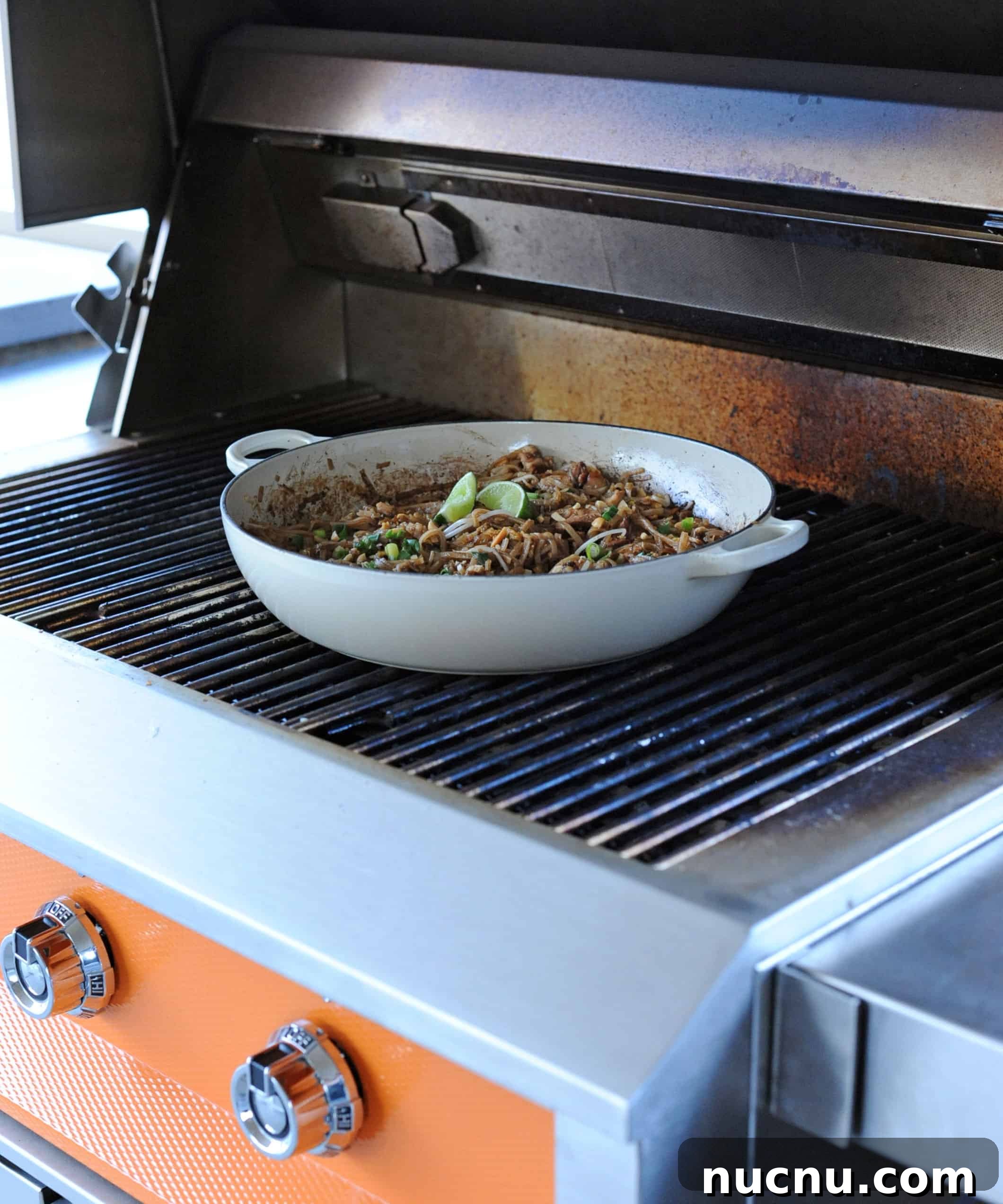 Grilled Pad Thai Recipe: Smoky Stir-Fried Noodles with Shrimp and Peanuts 8 Grilled Pad Thai on a grill.