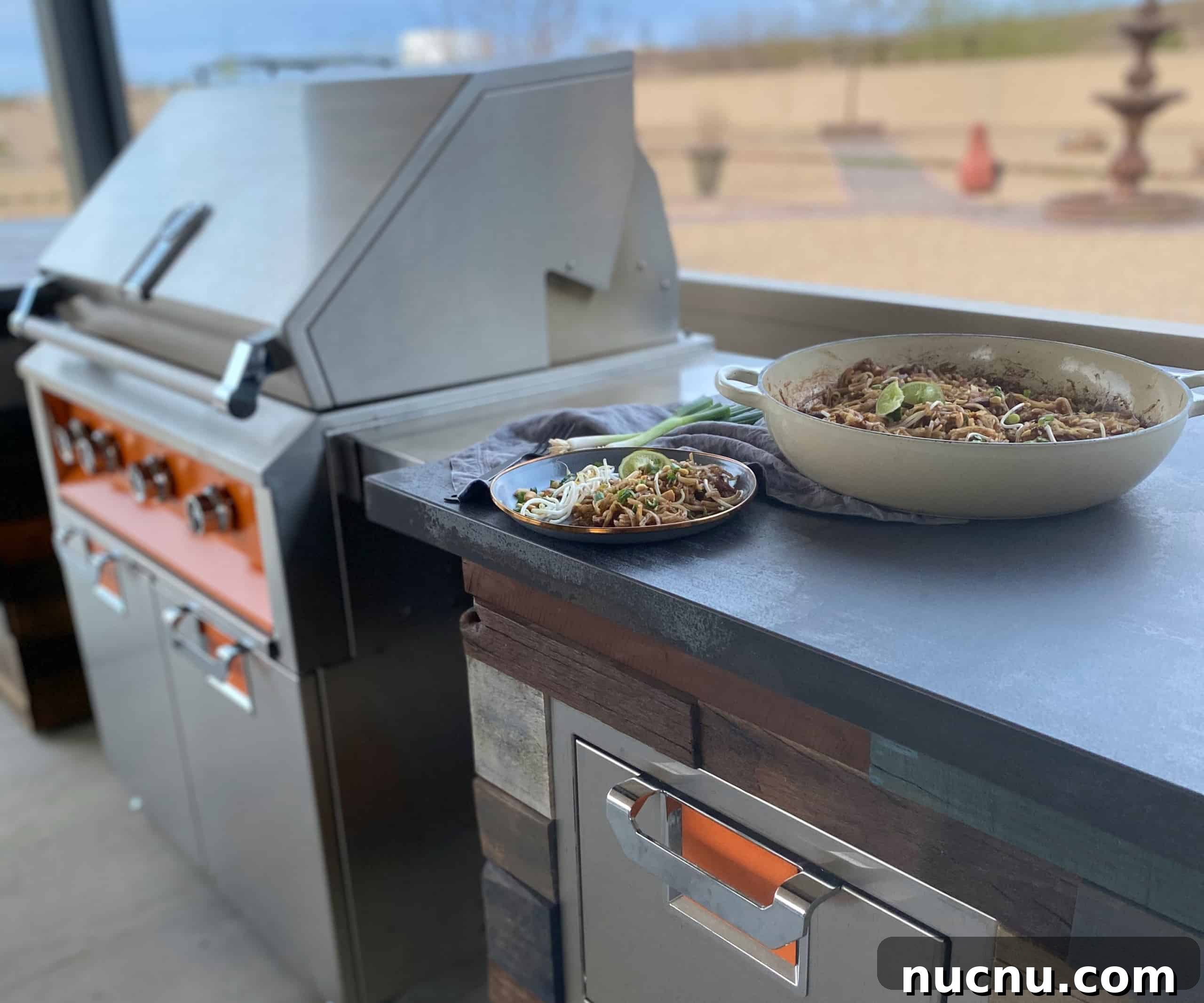 Grilled Pad Thai Recipe: Smoky Stir-Fried Noodles with Shrimp and Peanuts 9 Grilled Pad Thai next to a grill on counter.