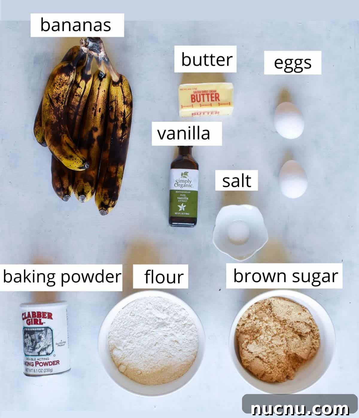 Moist Banana Bread Without Baking Soda: Simple Oven Recipe 3 banana bread ingredients laid out.