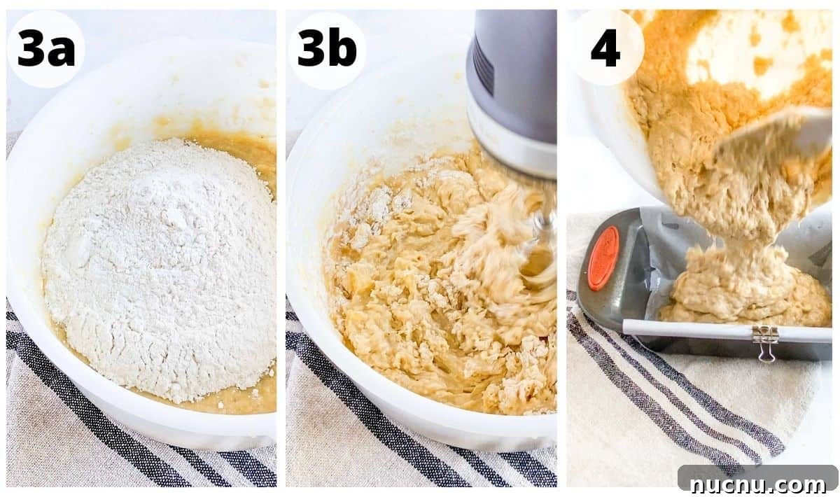 Moist Banana Bread Without Baking Soda: Simple Oven Recipe 5 3 images showing how to add dry ingredients to batter.