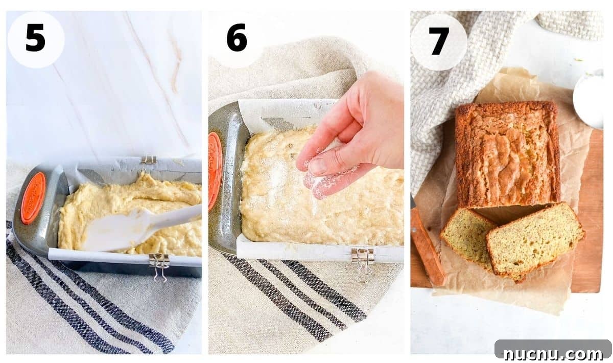 Moist Banana Bread Without Baking Soda: Simple Oven Recipe 6 3 images showing how to top batter with sugar and bake.