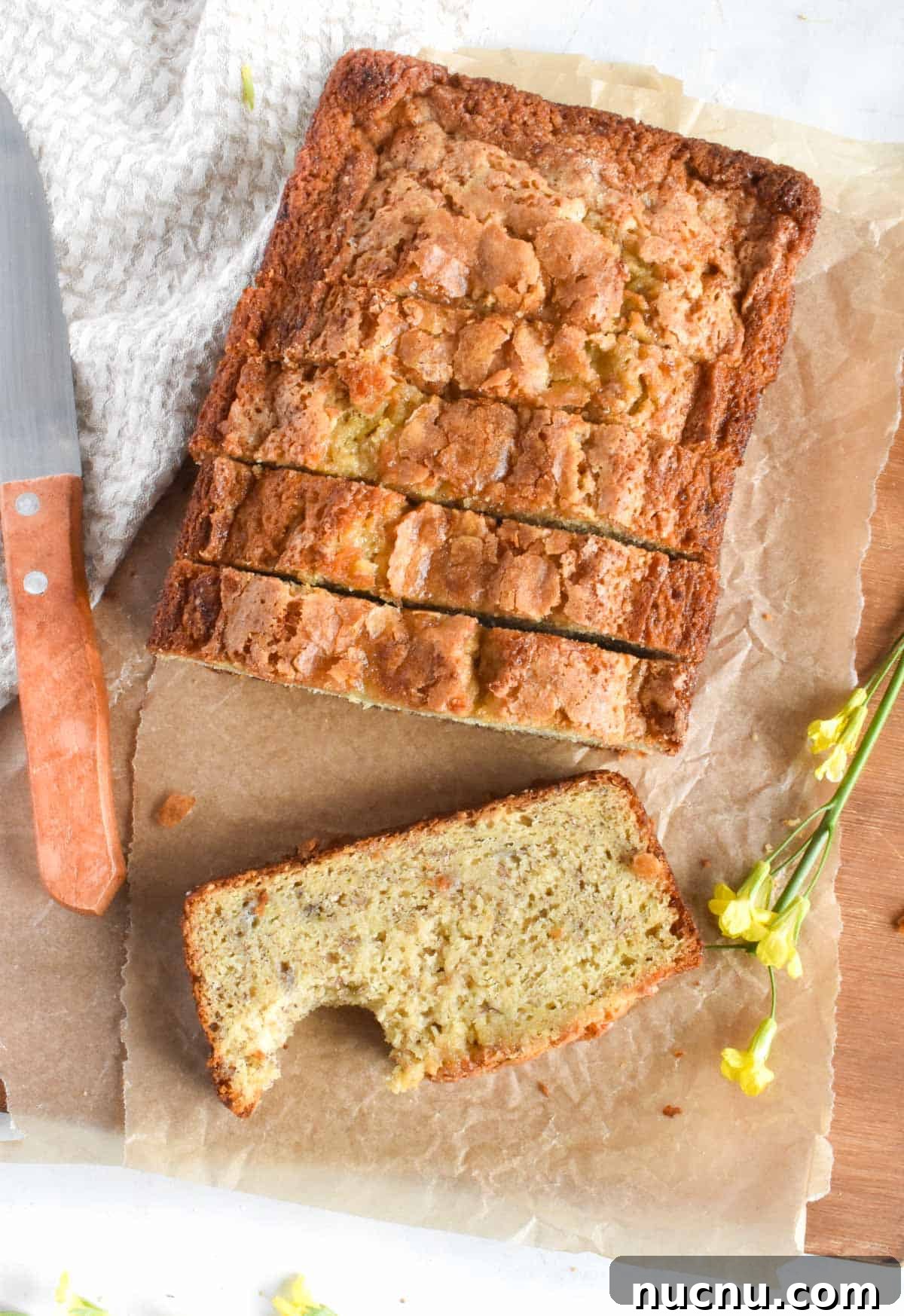 Moist Banana Bread Without Baking Soda: Simple Oven Recipe 7 slice of bread with bite out of it.