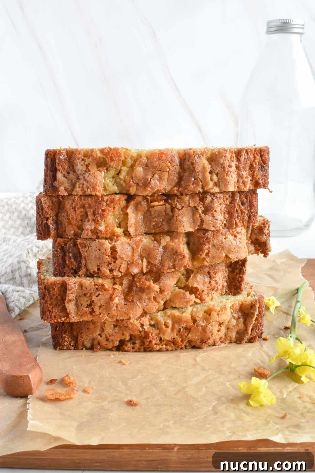 Moist Banana Bread Without Baking Soda: Simple Oven Recipe 10 stack of slices of banana bread.