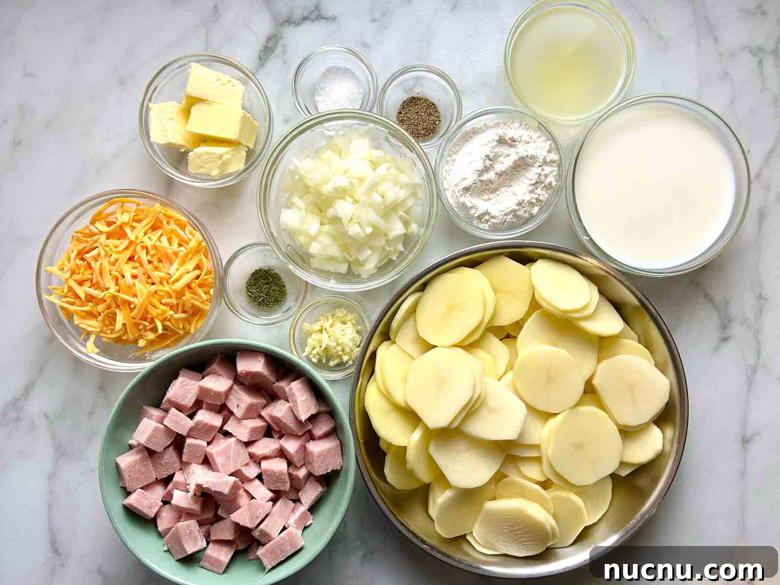 Creamy Scalloped Potatoes with Ham Casserole Recipe 3 ingredients prepped in bowls.