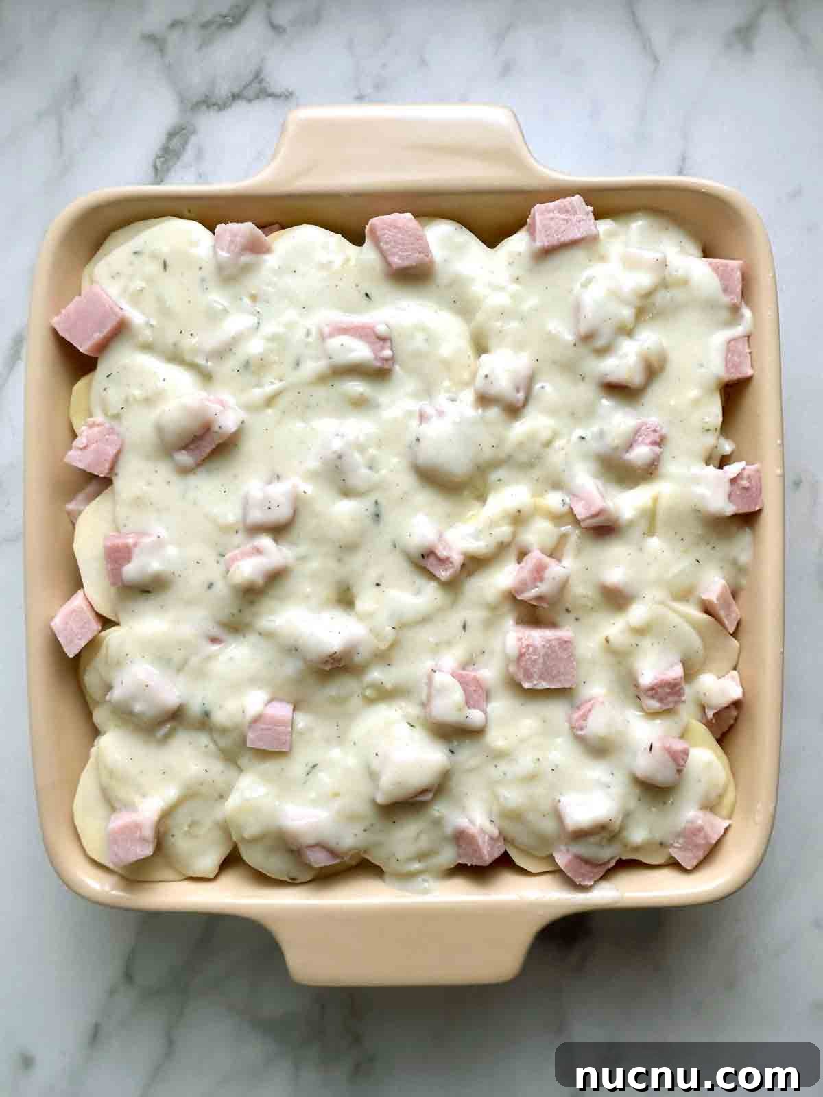 Creamy Scalloped Potatoes with Ham Casserole Recipe 7 overhead shot showing layers.