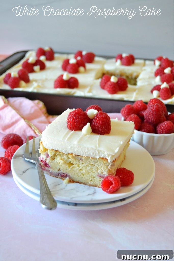 white chocolate raspberry cake slice on a plate with a pan in the background