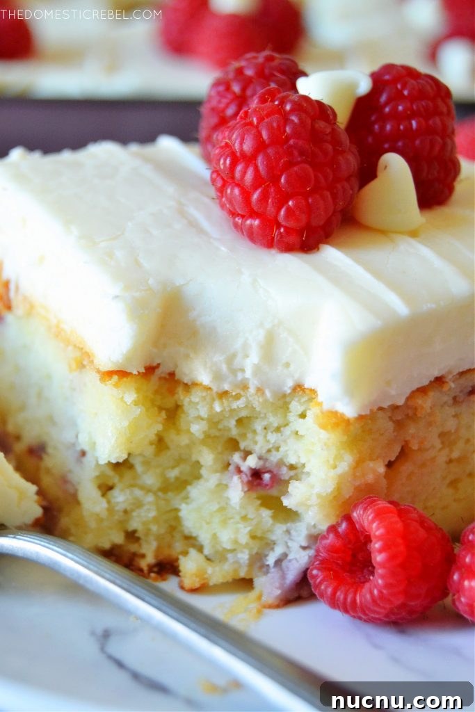closeup of a piece of white choc raspberry cake with a bite missing