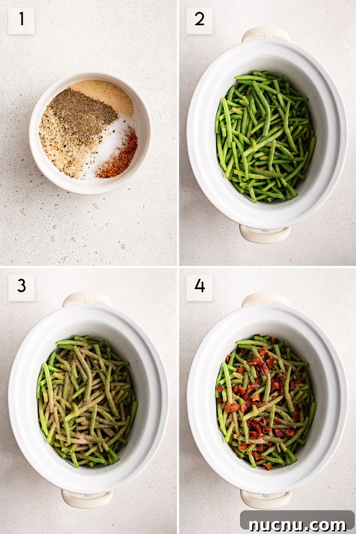 Slow-Cooked Garlic Green Beans in the Crockpot 3 four panel collage image showing how to make crockpot green beans