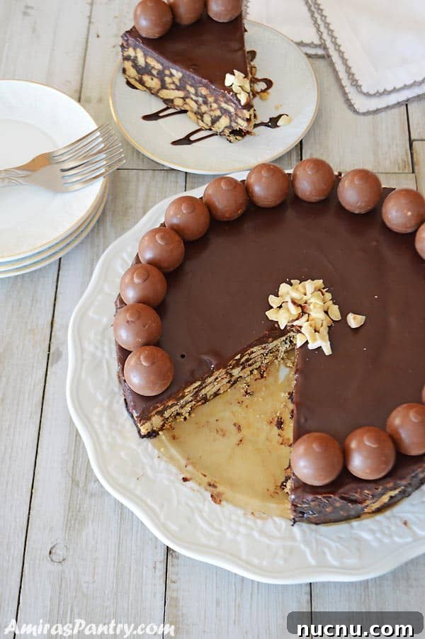 A big white plate with the Chocolate Biscuit Cake over and a slice is cut out and placed on a white plate on the side.