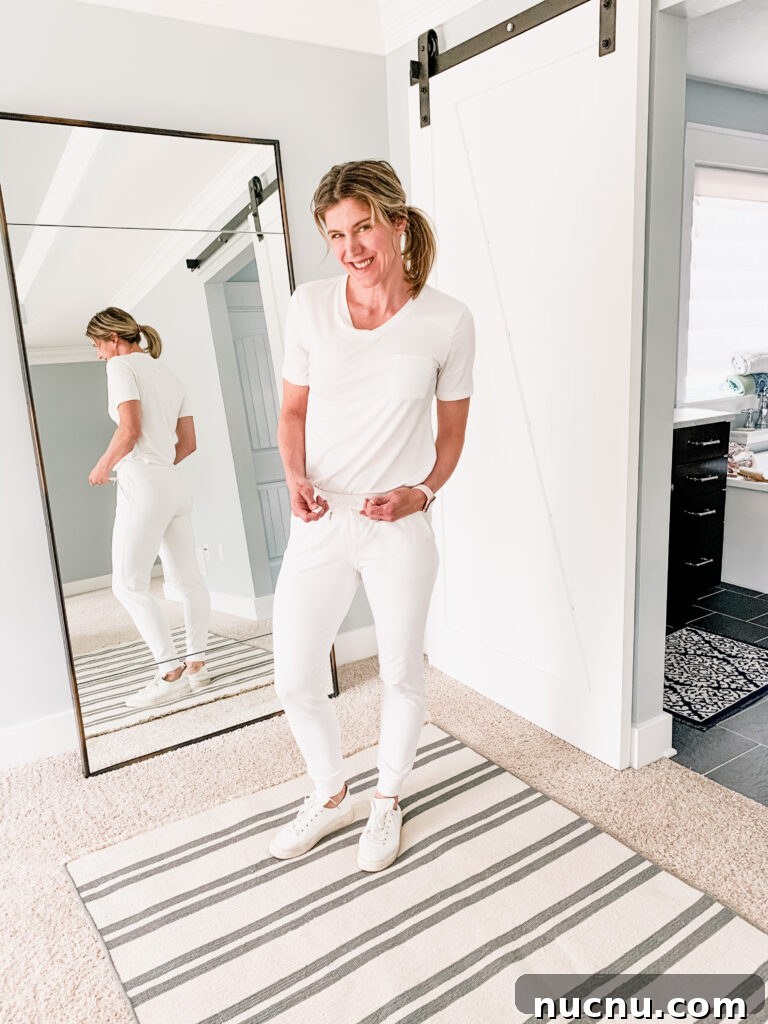 white tee shirt with white joggers