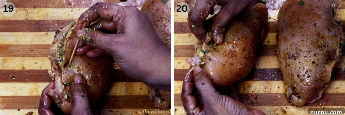 collage image of 2 steps showing securing the filling inside the chicken breast with toothpick.