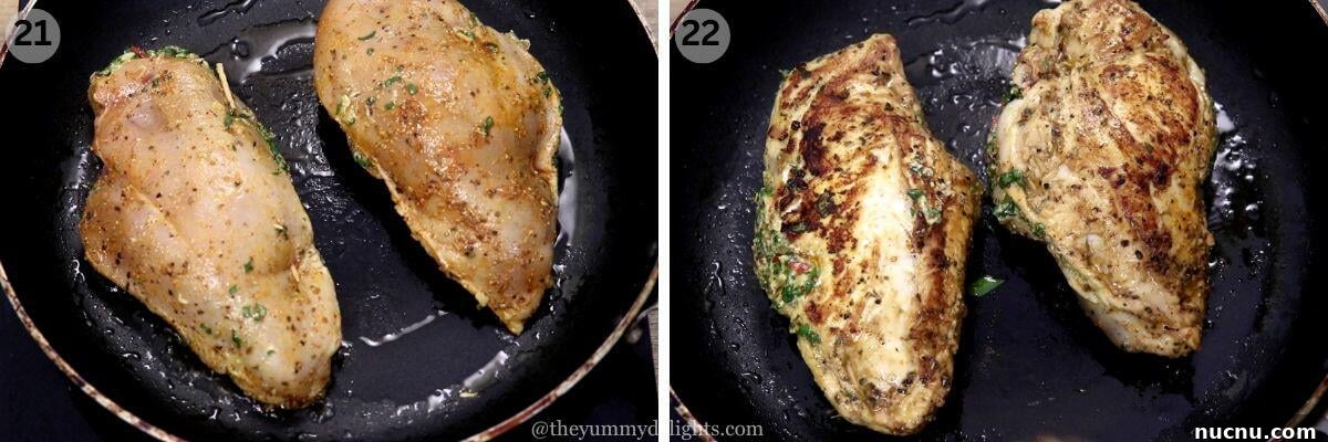 collage image of 2 steps showing pan-searing the stuffed chicken breast.