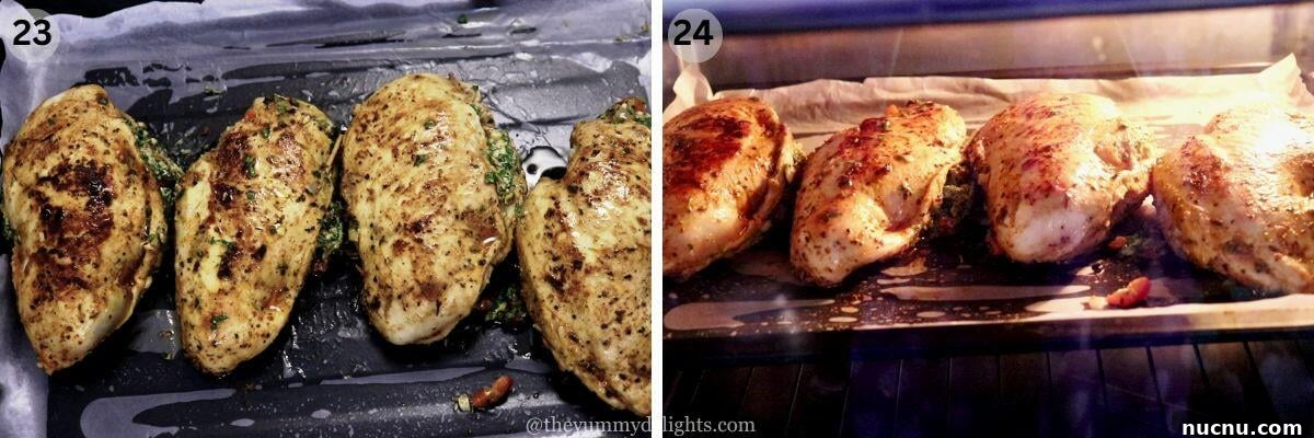 collage image of 2 steps showing oven baking stuffed chicken breasts.