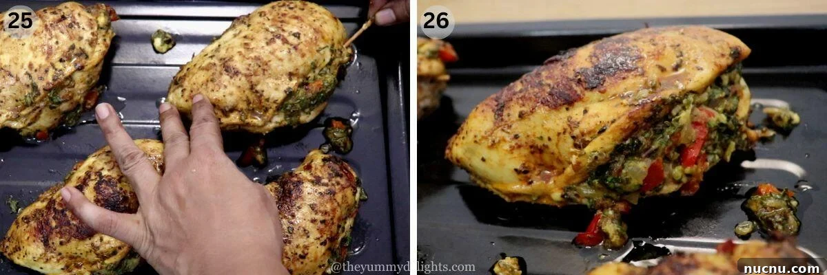 collage image of 2 steps showing removing the toothpick from stuffed chicken. Another image shows close-up of mediterranean stuffed chicken breast.