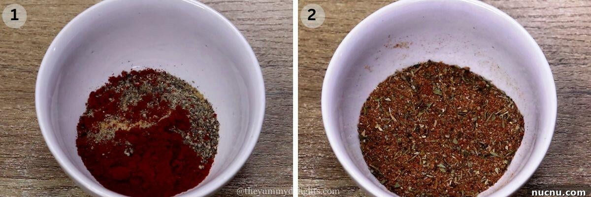 collage image of 2 steps showing making Mediterranean seasoning for making stuffed chicken.