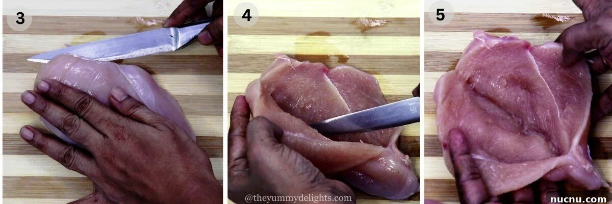 collage image of 3 steps showing how to cut pockets in the chicken breasts to make mediterranean stuffed chicken recipe.