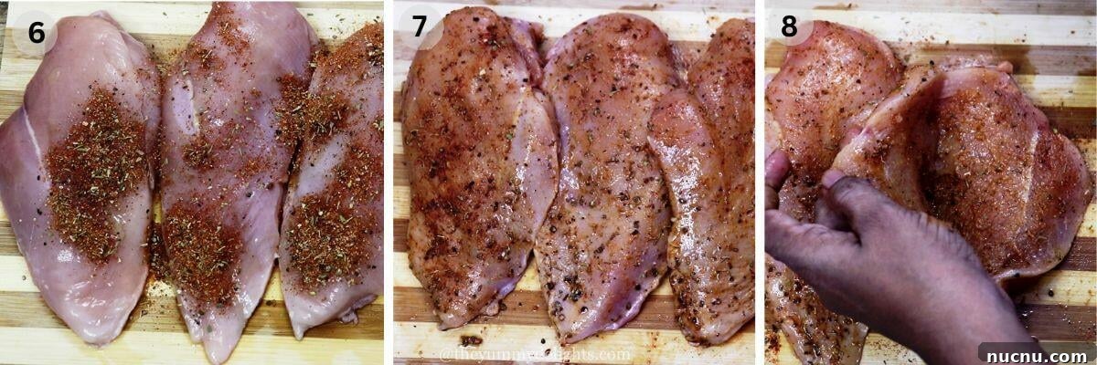 collage image of 3 steps showing how to cut pockets in the chicken breasts to make mediterranean stuffed chicken recipe.