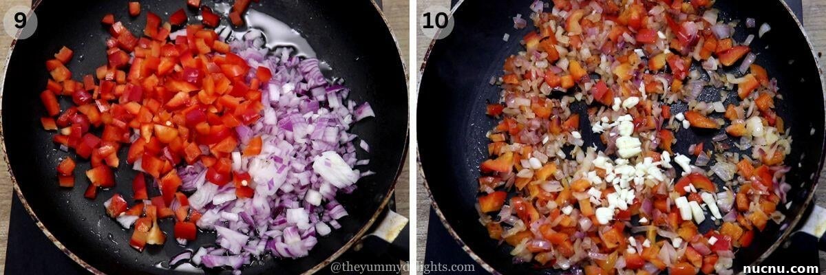 collage image of 2 steps showing sauteing onions and bell peppers.