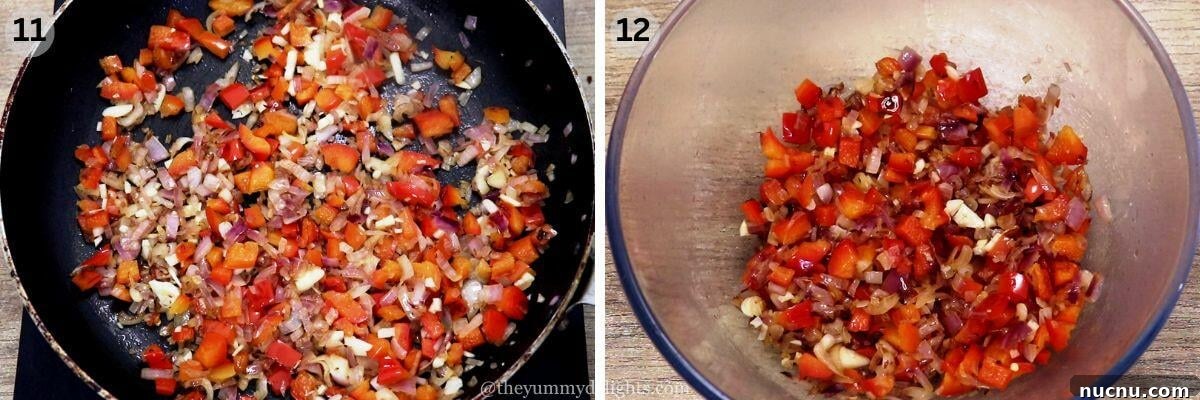collage image of 2 steps showing sauteed onion and bell peppers for the filling and transferring it to a mixing bowl.