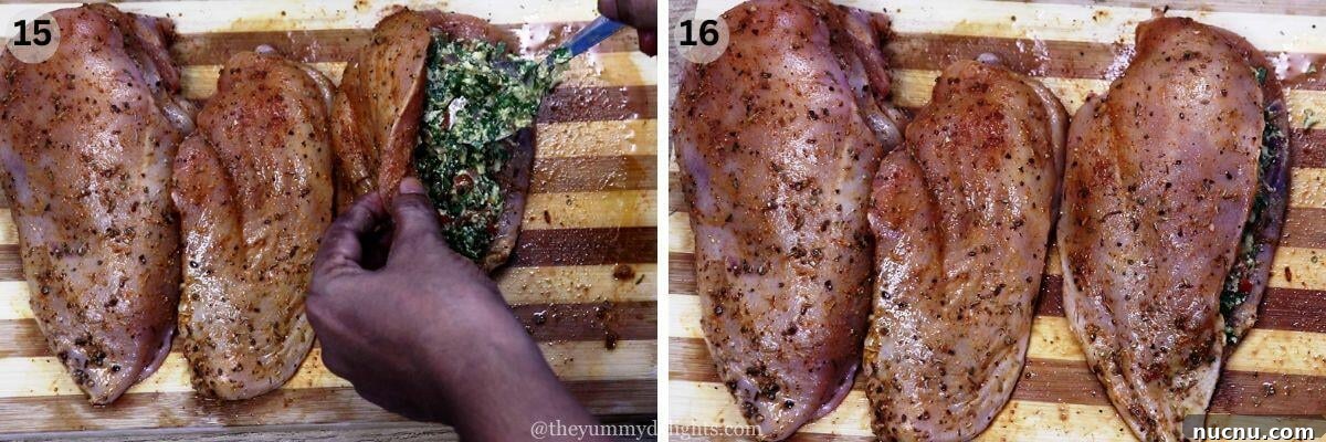 collage image of 2 steps showing filling the pocket in the chicken breasts with 2-3 teaspoons of this spinach and cheese mixture.
