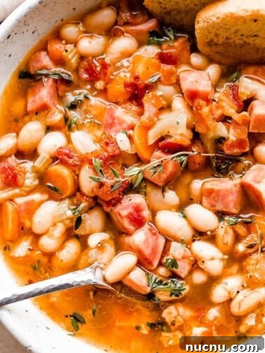 overhead shot of spoon in a white bowl filled with ham and bean soup