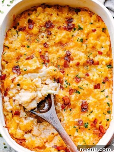 cauliflower mac and cheese in a baking dish