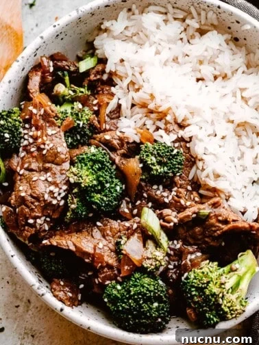 Instant Pot Beef and Broccoli served over rice.