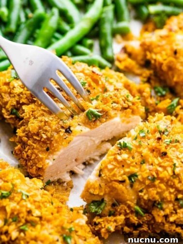 cutting into oven fried chicken breasts and holding one part of the chicken with a fork