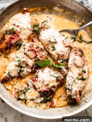 a skillet with five chicken cutlets in a creamy sauce with sundried tomatoes, and garnished with chopped basil.