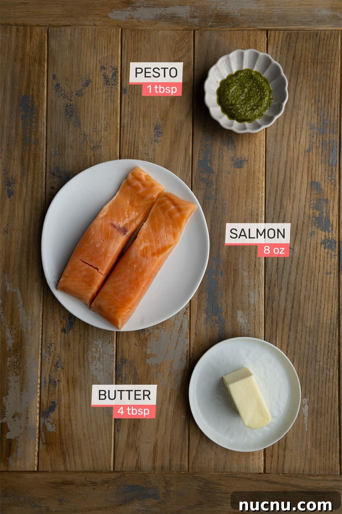 Pesto Butter Salmon with 3 Ingredients — Quick Weeknight Recipe 3 pesto butter salmon ingredients - pesto, unsalted butter, and salmon