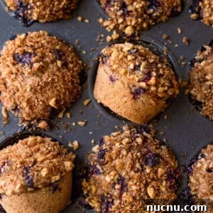 Vegan Blueberry Muffins Recipe: Moist, Fluffy, Simple to Make 16 closeup of vegan blueberry muffins with walnut brown sugar crumble in muffin tin.