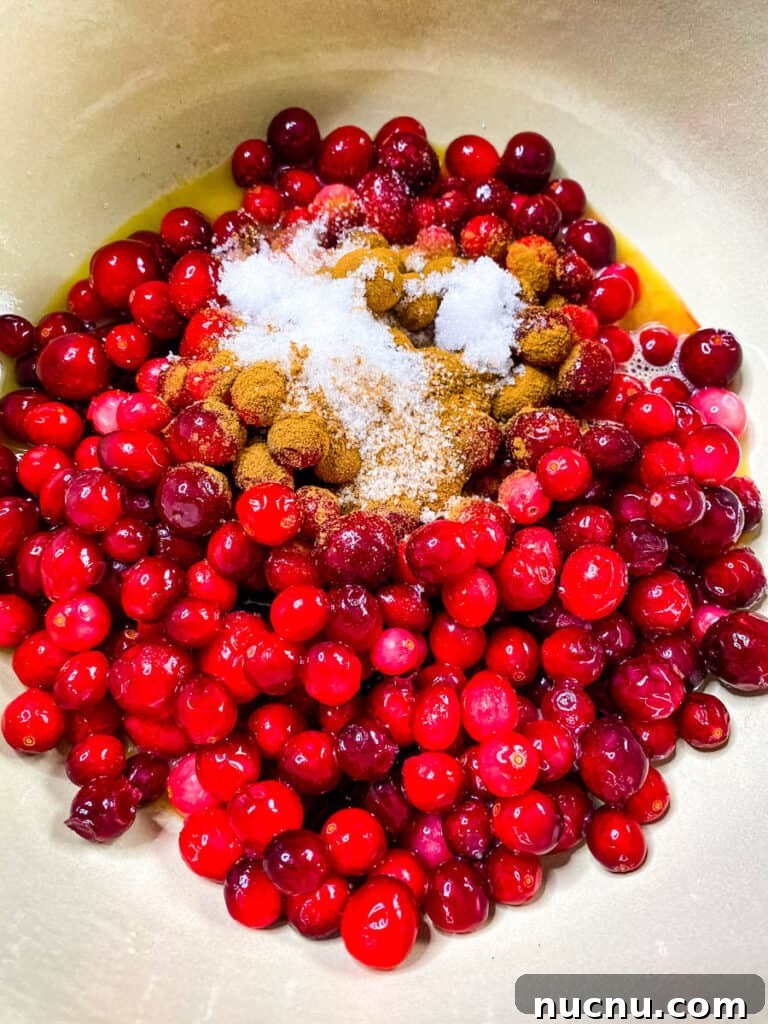 Grand Marnier Cranberry Sauce Recipe for Holiday Dinners 6 cranberries in a pot with cinnamon, honey, and sweetener