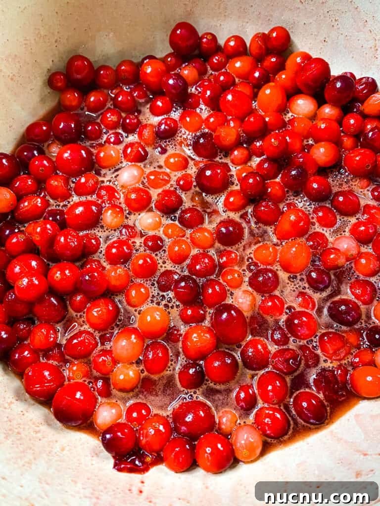 Grand Marnier Cranberry Sauce Recipe for Holiday Dinners 7 cranberries in a pot with cinnamon, honey, and sweetener