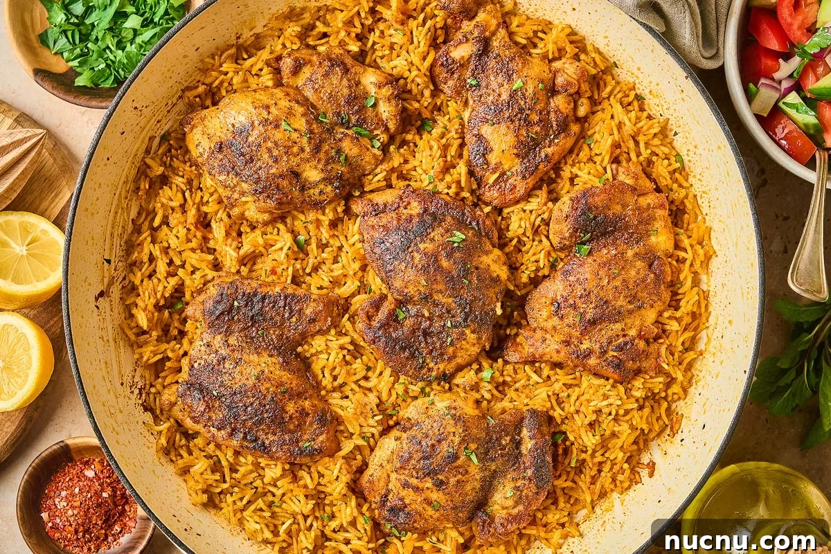One-Pan Shawarma Chicken and Rice Skillet Recipe 2 A Shawarma Chicken and Rice Skillet features seasoned chicken thighs on spiced rice, surrounded by lemon slices, fresh herbs, and a crisp salad.