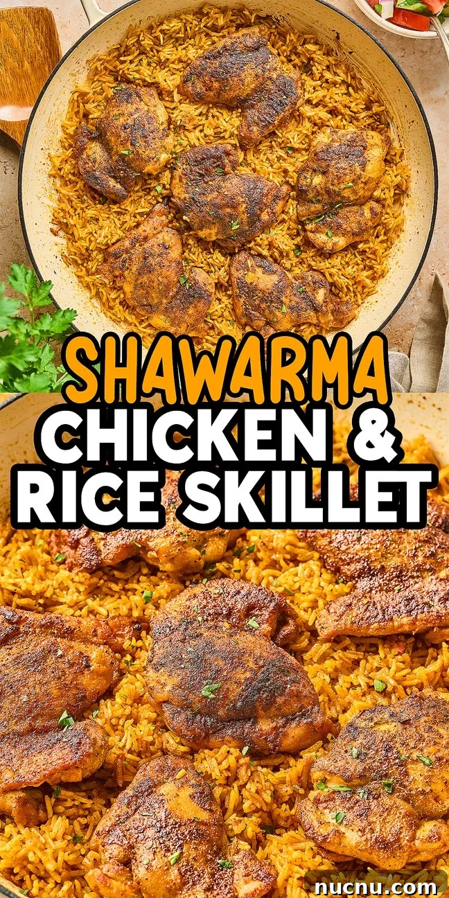 One-Pan Shawarma Chicken and Rice Skillet Recipe 20 A Shawarma Chicken and Rice Skillet featuring spiced chicken thighs over golden rice, garnished with fresh herbs.