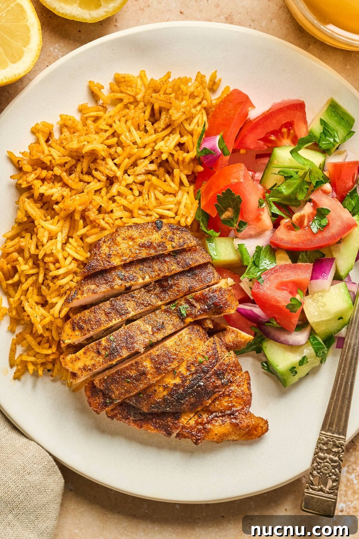 One-Pan Shawarma Chicken and Rice Skillet Recipe 9 A plate with spiced rice, sliced grilled chicken breast, and a fresh tomato-cucumber salad.