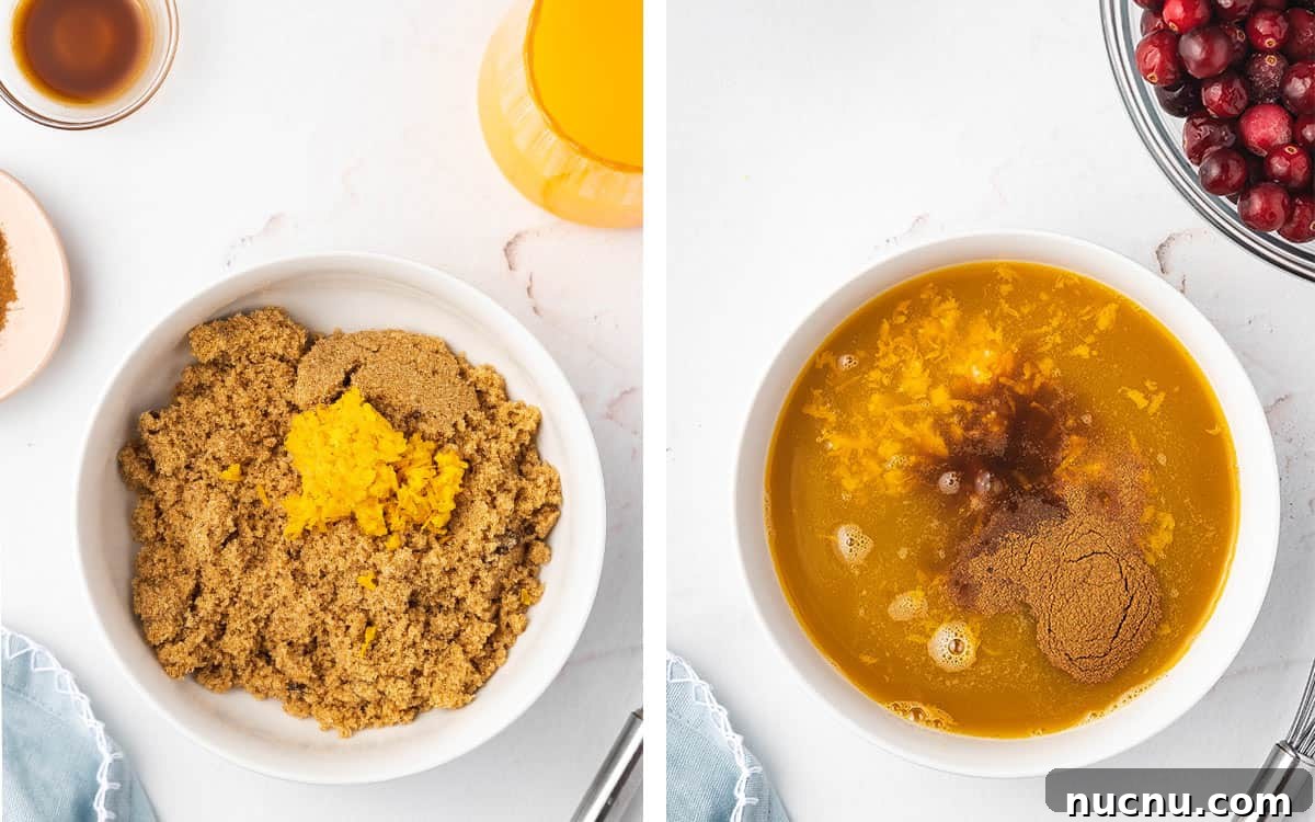 Slow-Cooker Cranberry Sauce for Thanksgiving and Holidays 4 Set of two photos showing brown sugar mixed with orange zest and juice.