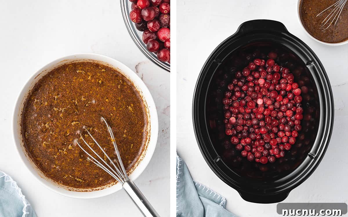 Slow-Cooker Cranberry Sauce for Thanksgiving and Holidays 5 Set of two photos showing sauce ingredients mixed and cranberries added to a crockpot.