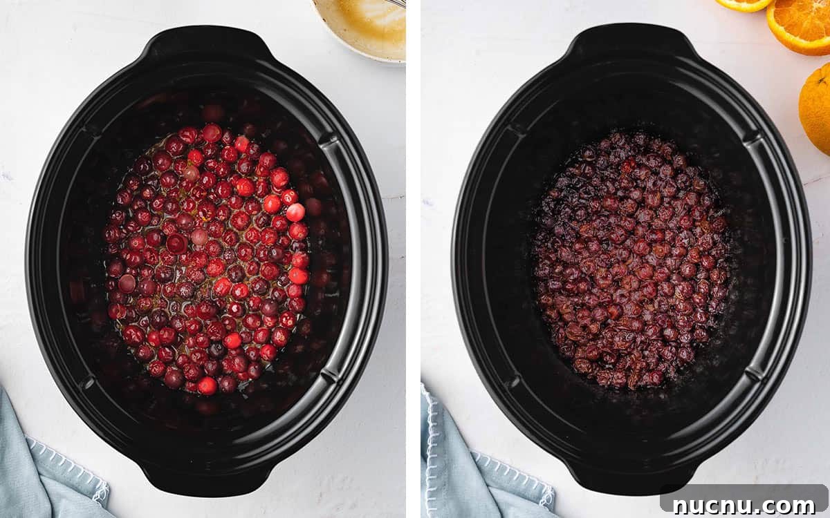 Slow-Cooker Cranberry Sauce for Thanksgiving and Holidays 6 Set of two photos showing the cranberries cooking in the sauce cooker.