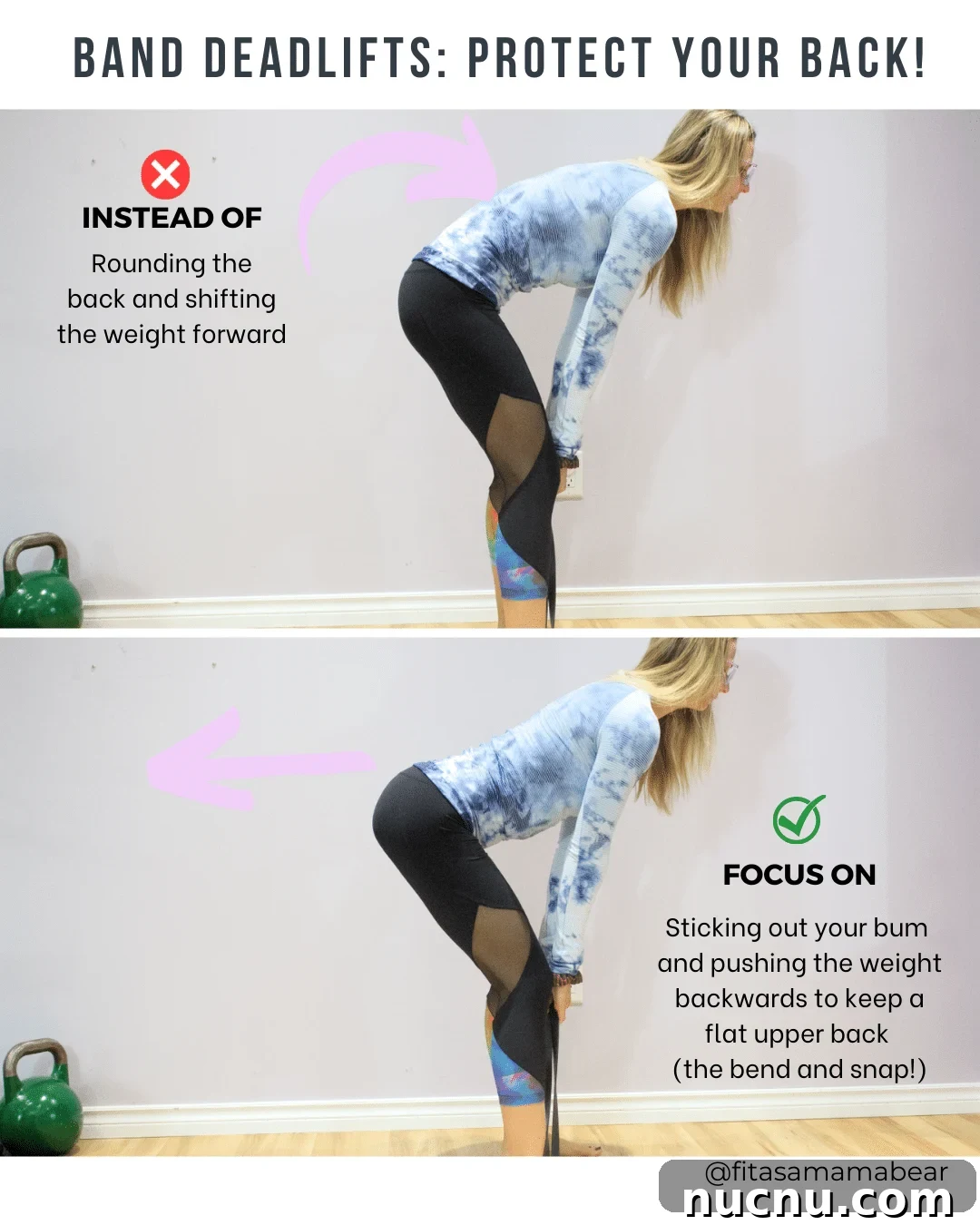7 Strength Training Tips for Beginners Working Out at Home 3 Woman in blue shirt and black pants performing a band deadlift with text about the dos and donts