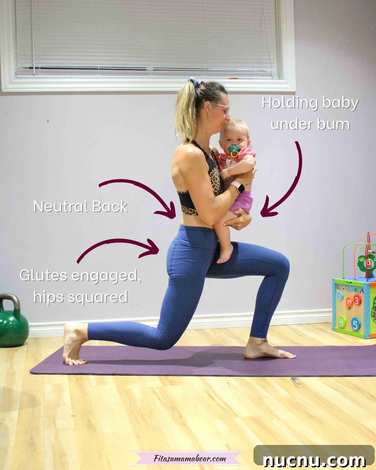 7 Strength Training Tips for Beginners Working Out at Home 5 Woman in blue pants and black sports bra performing a lunge holding her baby with arrows and text around to show proper form