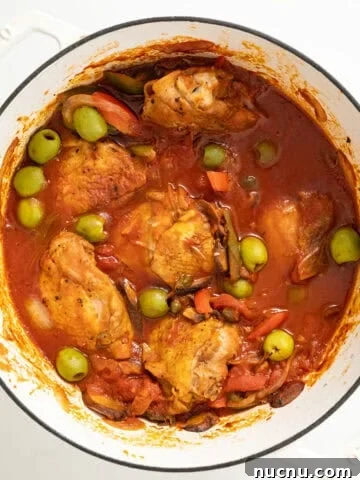 Chicken cacciatore in a dutch oven.