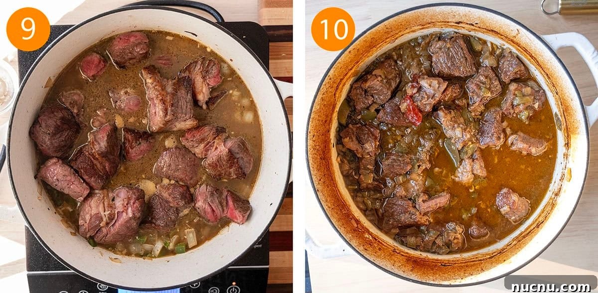 Dutch Oven Barbacoa Tacos Recipe — Tender Slow-Cooked Beef Tacos 6 Braised beef in the pot.