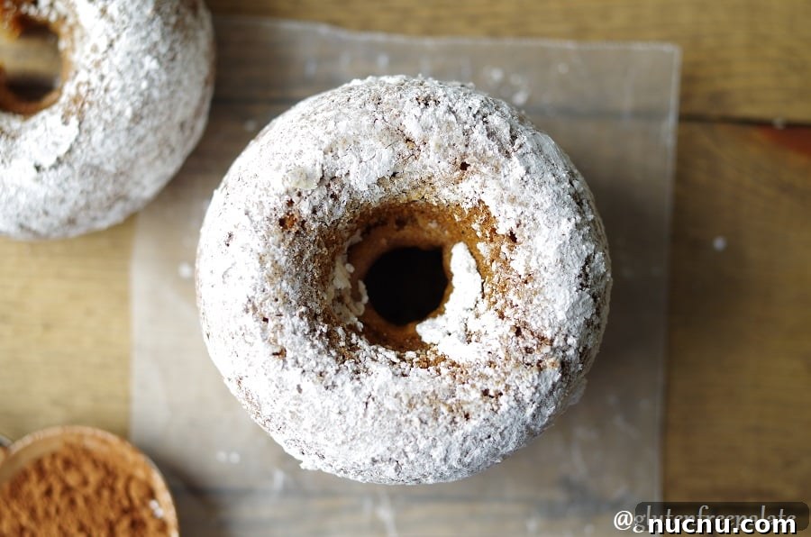 a top down view of a gingerbread donut coated in powdered sugar